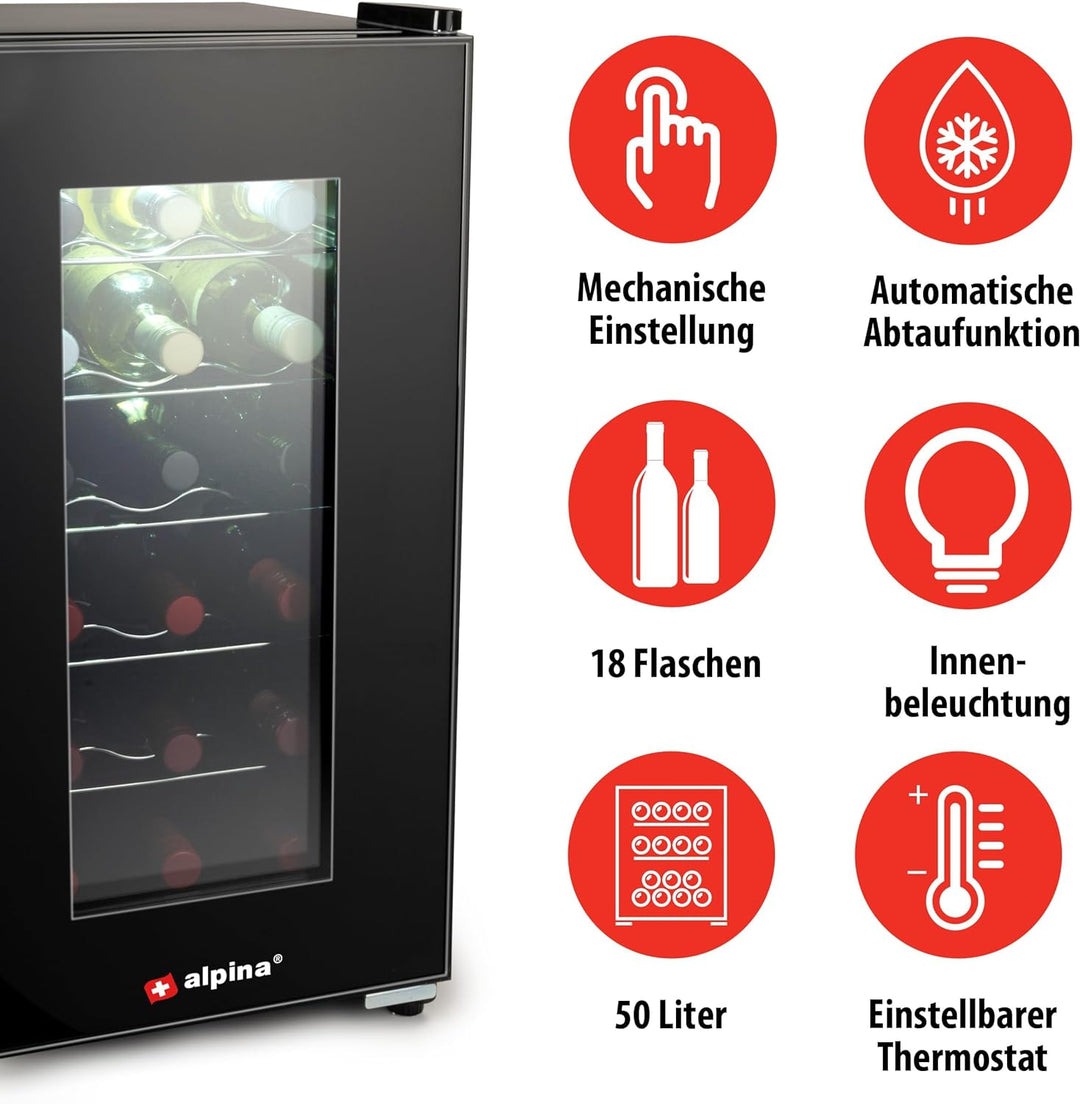 alpina Weinkühlschrank 50L - Weinkühler für 18 Flaschen - Flaschenkühler 230V - Temperatur Regelbar