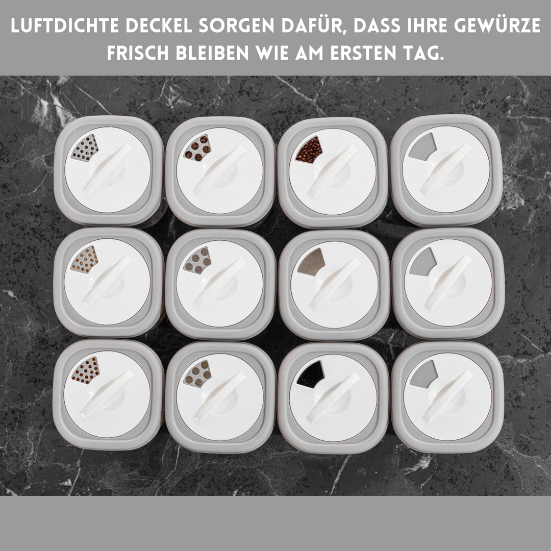IDOBY 12er Set Gewürzbox aus Kunststoff, Transparente Gewürzdose, BPA-Freiem Kunststoff Camping Gewü