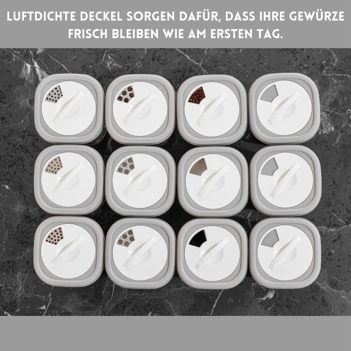 IDOBY 12er Set Gewürzbox aus Kunststoff, Transparente Gewürzdose, BPA-Freiem Kunststoff Camping Gewü