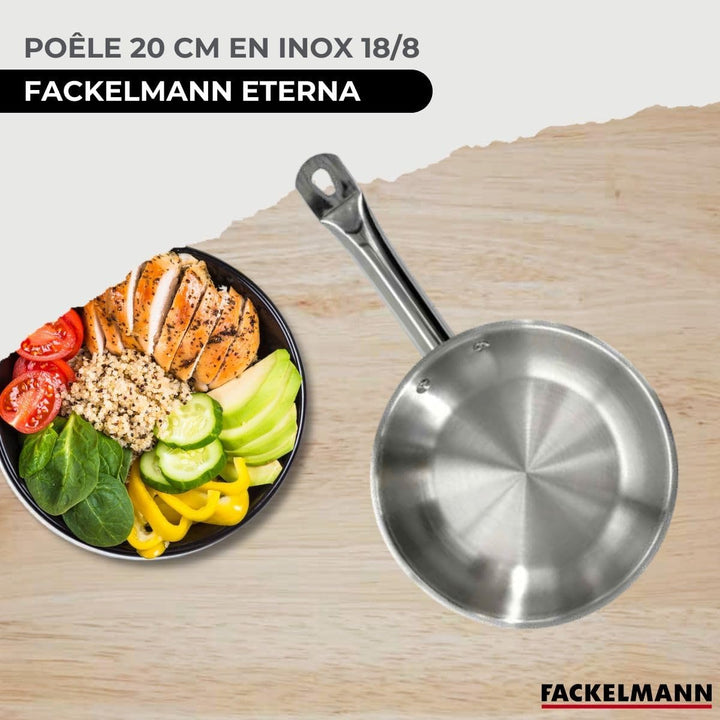 Fackelmann 9437750 Pfannenset mit 1 Bratpfanne, 20 cm aus Edelstahl 18/8 und Glasdeckel Eterna, Pfan