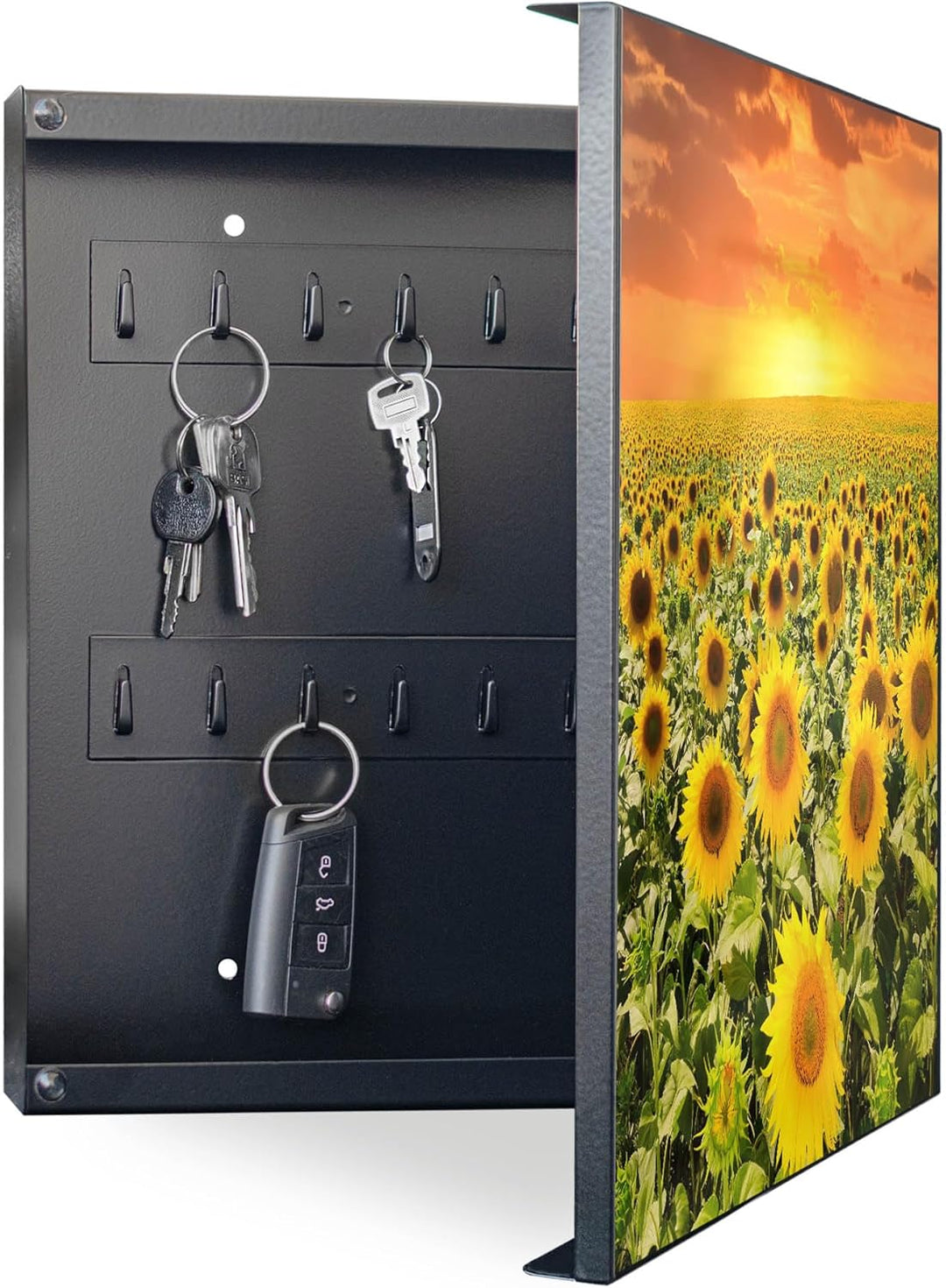 banjado® Grosser Schlüsselkasten Glas/Schlüsselbox 30cm x 30cm mit 50 Haken - Motiv Sonnenblumenmeer