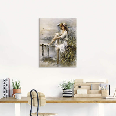 ARTland Leinwandbilder Wandbild Bild auf Leinwand 30x40 cm Wanddeko Frau Natur See Landschaft Steg G