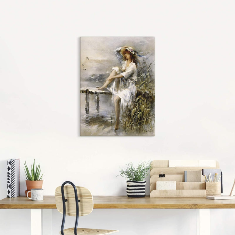 ARTland Leinwandbilder Wandbild Bild auf Leinwand 45x60 cm Wanddeko Frau Natur See Landschaft Steg G