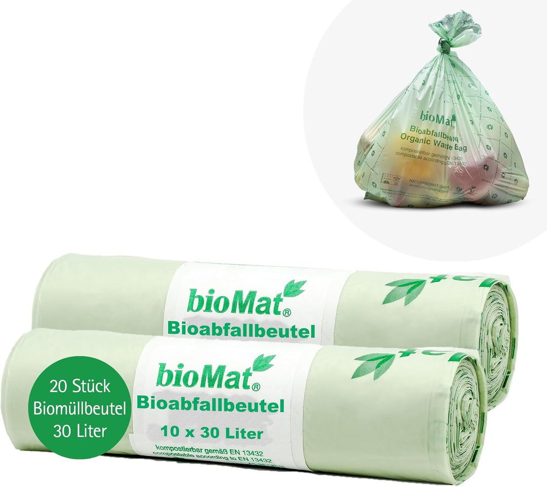 bioMat 30l kompostierbare und klimaneutrale Bioabfallbeutel, 20 Stk. Biomüllbeutel, DIN+ Zertifizier