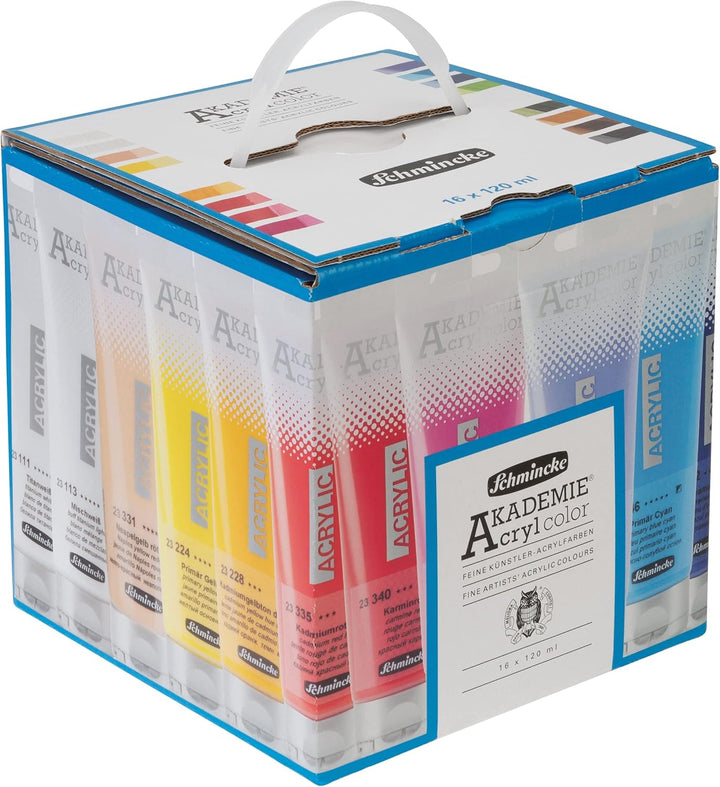 Schmincke – AKADEMIE® Acryl, Value Pack 16 x 120 ml-Tuben, Kartonset, brillante, farbstarke, hoch li