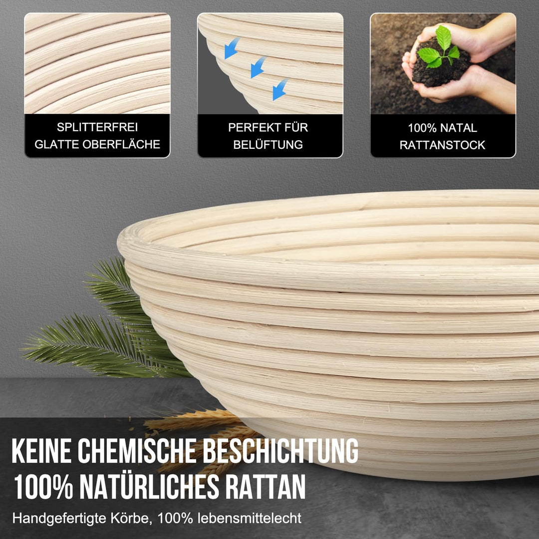 Gärkörb Set, Walfos® Gärkörbchen Set 2 (23cm Rundes &amp; 25cm Oval), 100% Natürlichem Rattan - mit Bäck