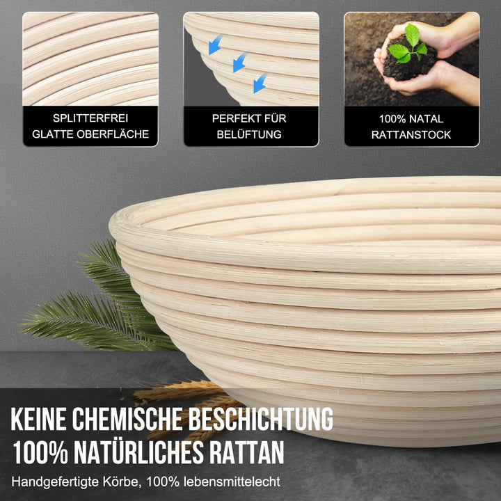 Gärkörb Set, Walfos® Gärkörbchen Set 2 (23cm Rundes &amp; 25cm Oval), 100% Natürlichem Rattan - mit Bäck