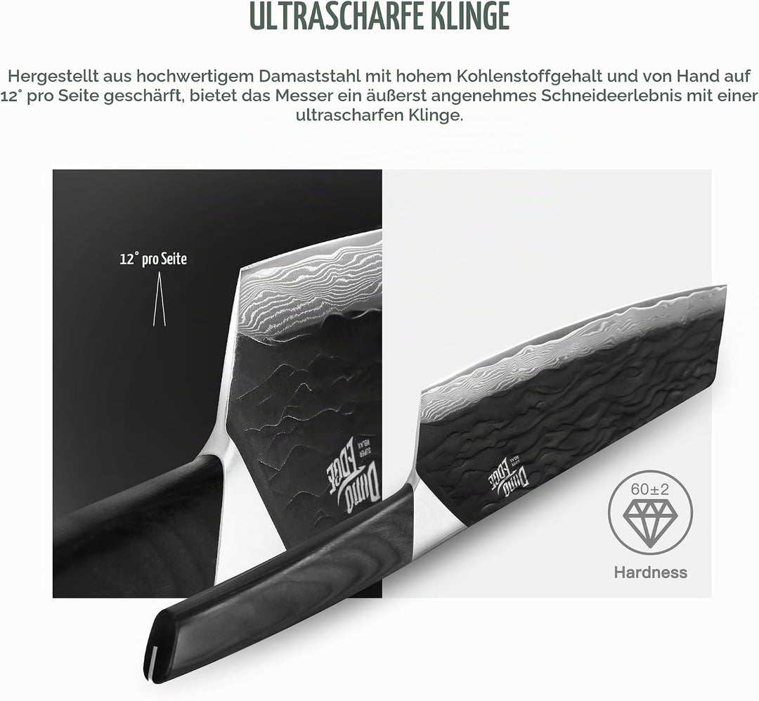 Bunka Messer, Damaszener Kochmesser mit Premium Pakkawood Griff, Full Tang Konstruktion, schwarz oxi