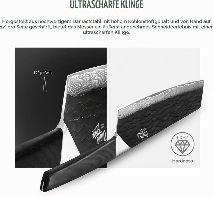 Bunka Messer, Damaszener Kochmesser mit Premium Pakkawood Griff, Full Tang Konstruktion, schwarz oxi