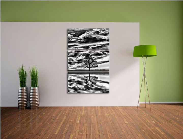Pixxprint Monocrome, Insel im Meer Baum Sonnenaufgang Steine 3-Teiler Leinwandbild 120x80 Bild auf L