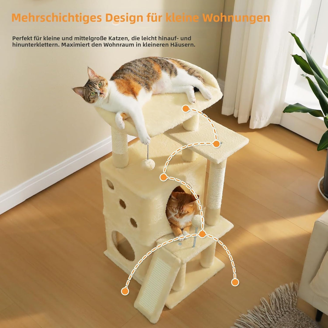 PETEPELA 88cm Kratzbaum für Wohnungskatzen mit breiter oberer Liegefläche, privater Katzenhöhle und