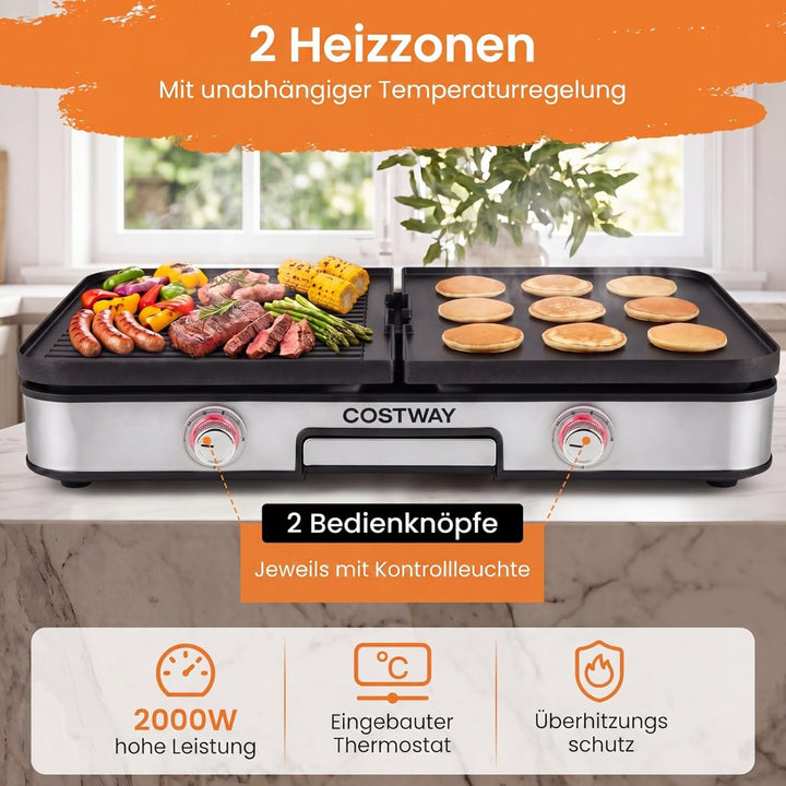 COSTWAY Tischgrill elektrisch, 2000W Elektrogrill mit Spritzschutz, 2 Thermostate, 6 Temperatureinst