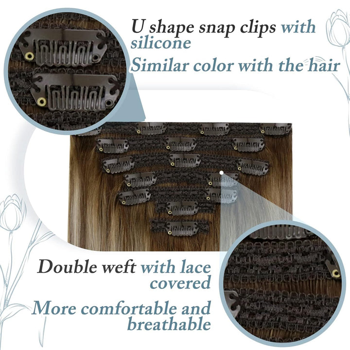 RUNATURE Clip in Echthaar Extensions Balayage Dunkelbraun bis Braun mit Blond Clip in Extensions Ech
