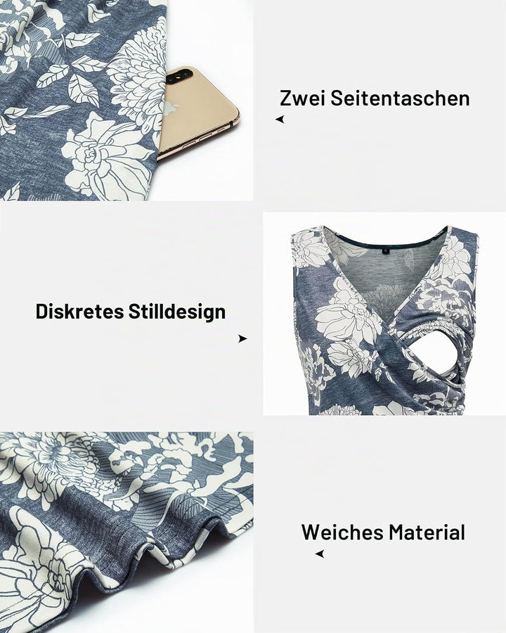 OUGES Damen Sommer Umstandskleid Midi Stillkleid Baumwolle Kleider für Schwangere Lässiges Umstandsm