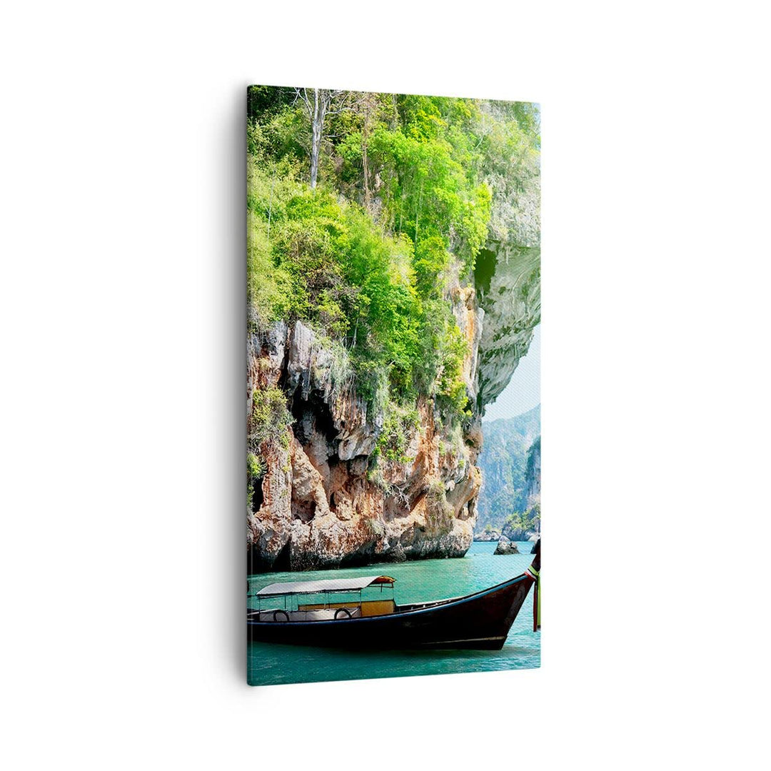 Bilder auf Leinwand 55x100cm Leinwandbild mit Rahmen Boot Klippen Natur Felsen Gross Wanddeko Bild S