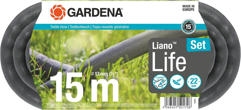 Gardena Liano Life Textilschlauch 1/2 Zoll, 15m Set: Hochflexibler Gartenschlauch aus Textilgewebe,