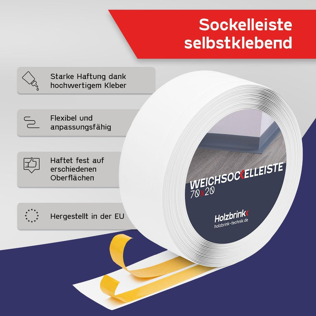 HOLZBRINK Weichsockelleiste selbstklebend Weiss Knickleiste, Material: PVC, 70x20mm, 5 Meter 5m Weis