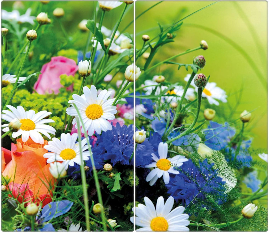 banjado® Herdabdeckplatte Glas 2-teilig je 30x52 cm/Schneidebrett Herdabdeckung mit Motiv Blumenstra