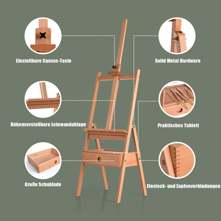 COSTWAY Staffelei Holz gross, 194,5 cm Leinwand Ständer mit Ablage und Schublade, Holzstaffelei höhe