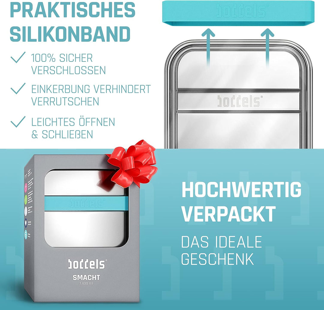 boddels Edelstahl Brotdose mit Fächern 1.400ml | inkl. flexiblem Trenner | Brotbox Kinder mit Untert