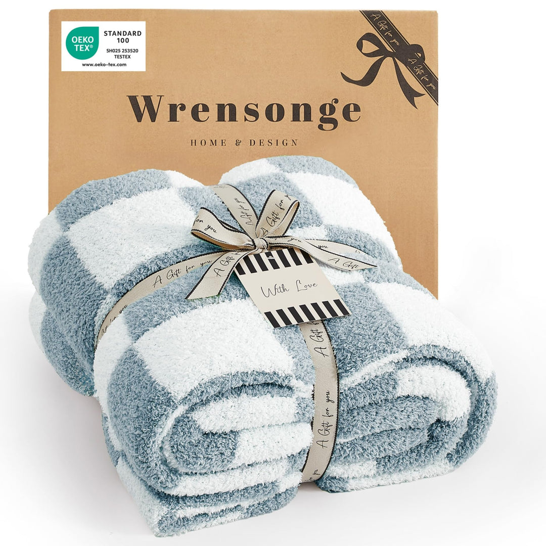 WRENSONGE Karierte Überwurfdecke, grau-Blaue Mikrofaser, weich, gemütlich, flauschig, warm, handgefe