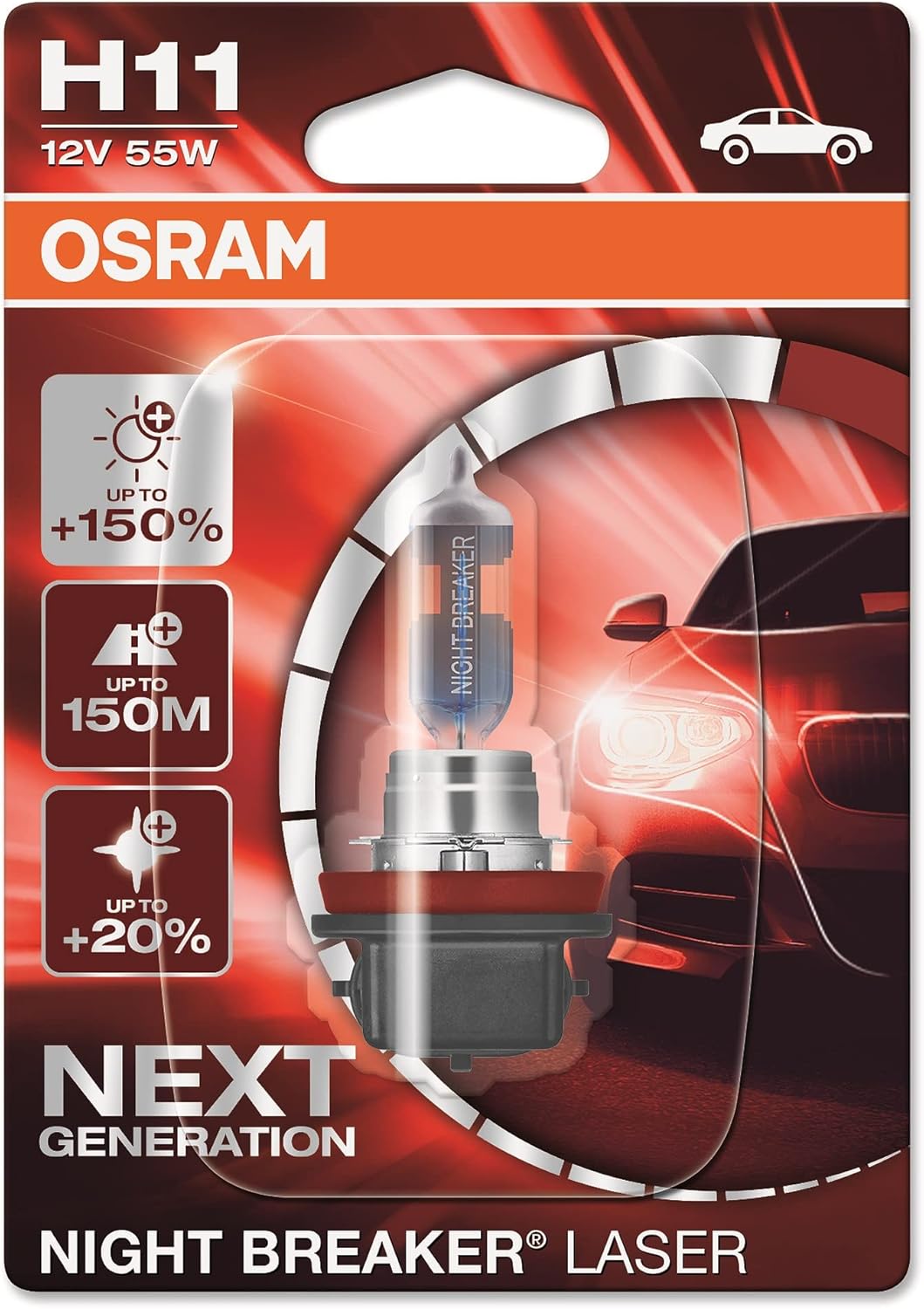 OSRAM NIGHT BREAKER LASER H11, +150% mehr Helligkeit, Halogen-Scheinwerferlampe, 64211NL-01B, 12V PK