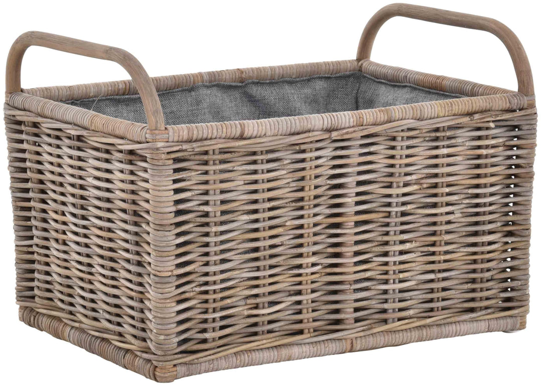 Holz Tragekorb mit Griffen Holzkorb mit Inlett Aufbewahrung Rattan Korb mit Henkel (Gross, Grau Natu