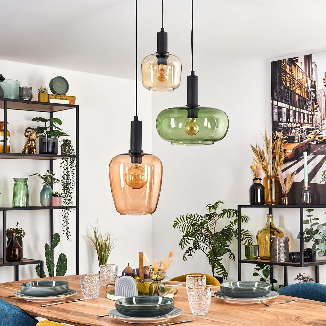 HOFSTEIN Hängeleuchte Imara, 3-flammige Hängelampe aus Metall/Glas in Schwarz/Bernstein/Rosé/Grün, P