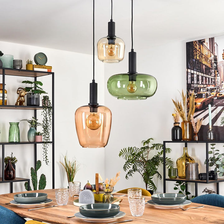 HOFSTEIN Hängeleuchte Imara, 3-flammige Hängelampe aus Metall/Glas in Schwarz/Bernstein/Rosé/Grün, P
