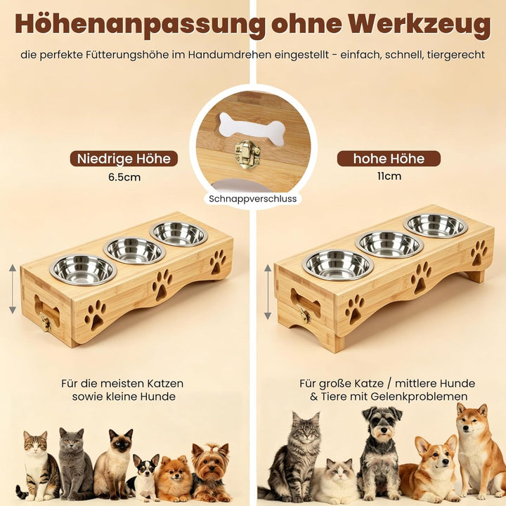 JAZUIHA Katzennapf erhöht, 3er-Set Futternapf, 2 Höhen verstellbar, Katzen Futterstation mit 3 Edels