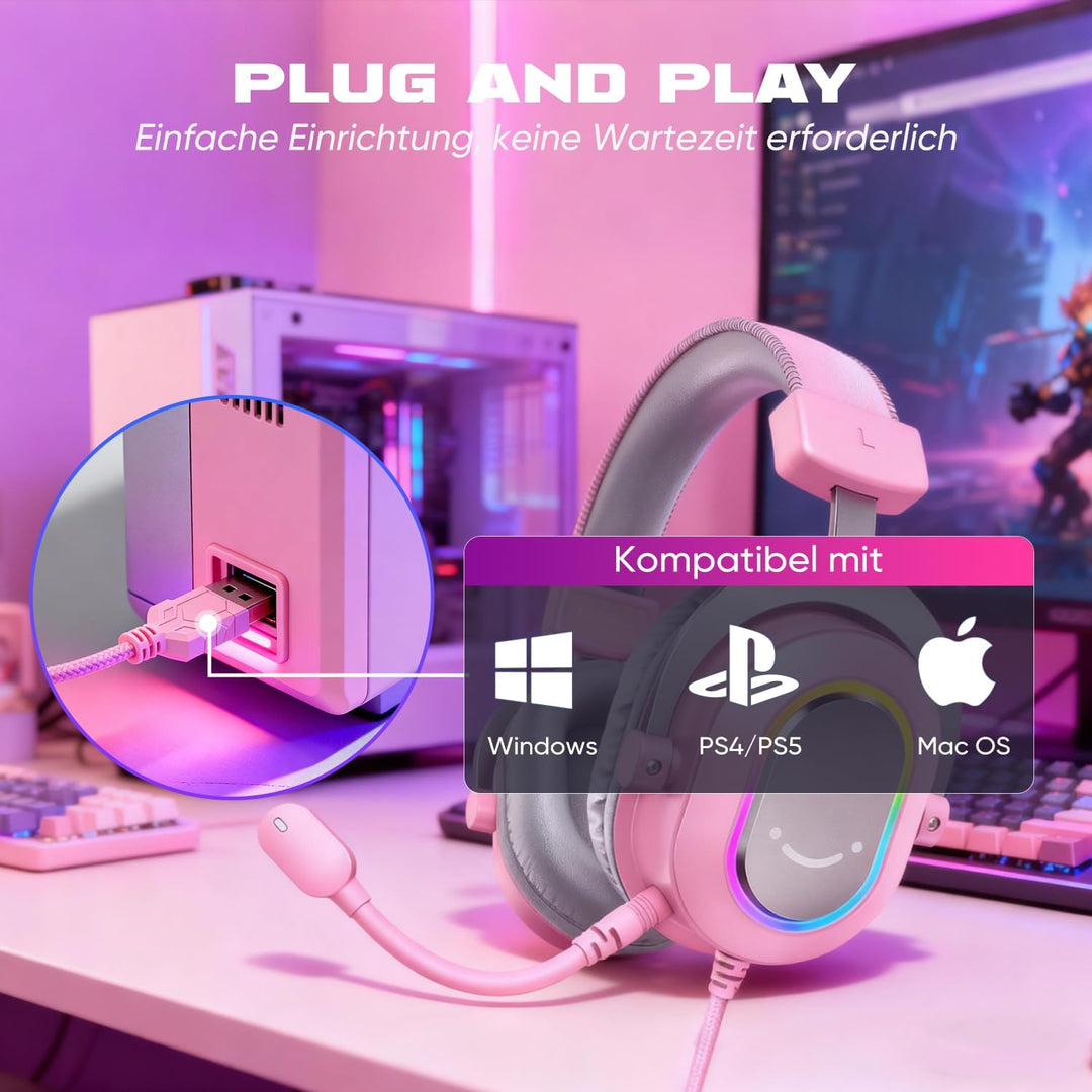 FIFINE Gaming Headset mit Mikrofon, Over Ear Kopfhörer mit Kabel, USB Headset für PC PS4 PS5, RGB He