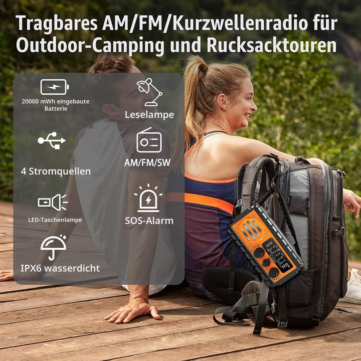 Solar Notfallradio, Kurbelradio mit 20000 mAh Powerbank, AM/FM/SW/WB Wetterradio, 4 Stromquellen, Ta