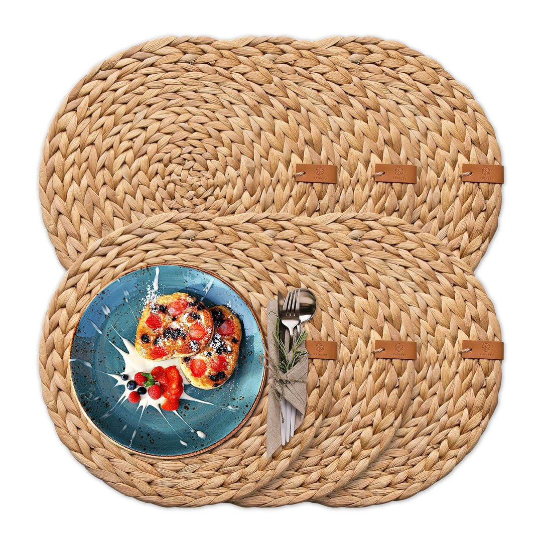 FRIHET® runde Platzdeckchen geflochten aus Wasserhyazinthe | naturverbundene Boho-Tischdeko | Tischs