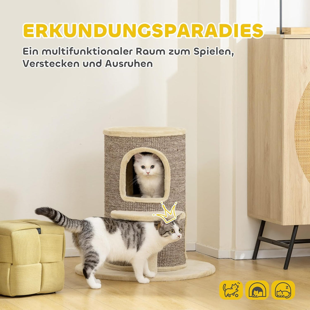PawHut Kratztonne für Katzen, 61 cm Hoch Katzentonne mit 2 Höhlen, Kratzbaum mit Sprungplattform, Ka