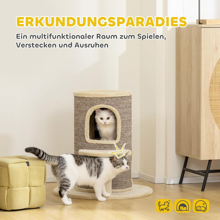 PawHut Kratztonne für Katzen, 61 cm Hoch Katzentonne mit 2 Höhlen, Kratzbaum mit Sprungplattform, Ka