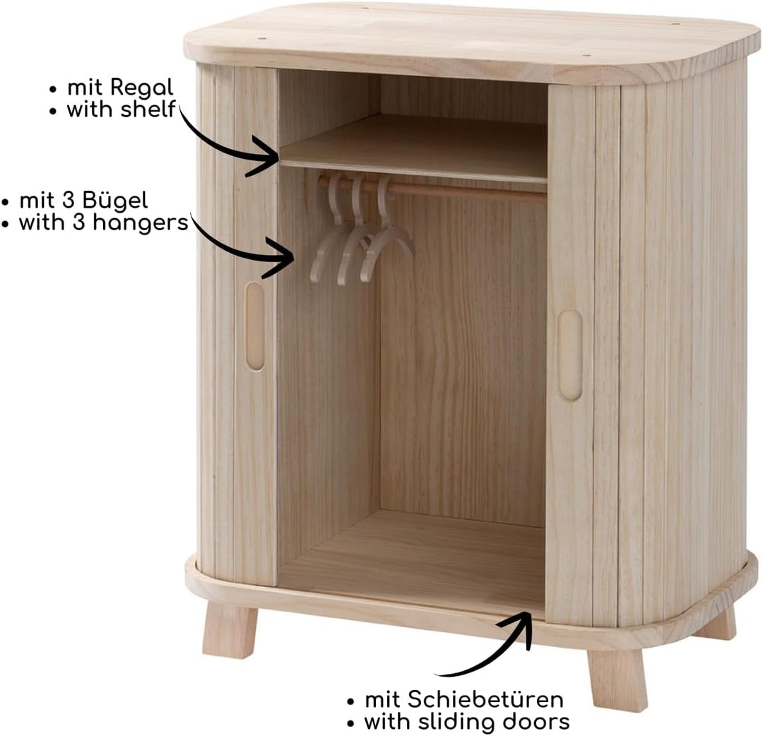 howa Puppenschrank Holz Grace - Puppenmöbel Kleiderschrank für Puppen mit Schiebetür, Kleiderstange,