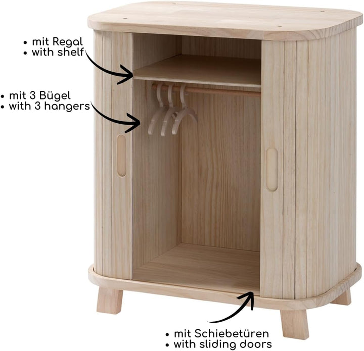 howa Puppenschrank Holz Grace - Puppenmöbel Kleiderschrank für Puppen mit Schiebetür, Kleiderstange,