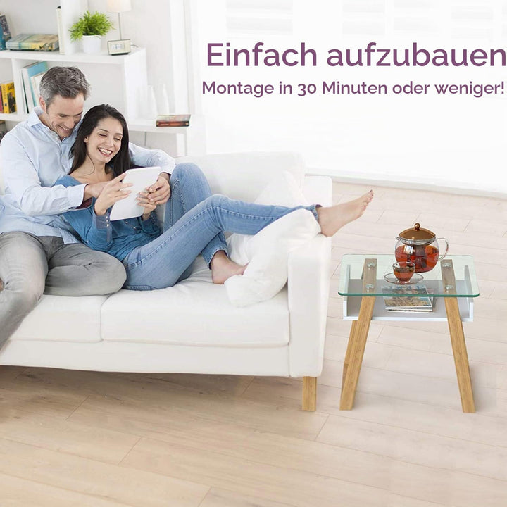 bonVIVO Beistelltisch weiss mit Glas Holz Materialmix - Couchtisch, Sideboard, Wohnzimmertisch - Mod