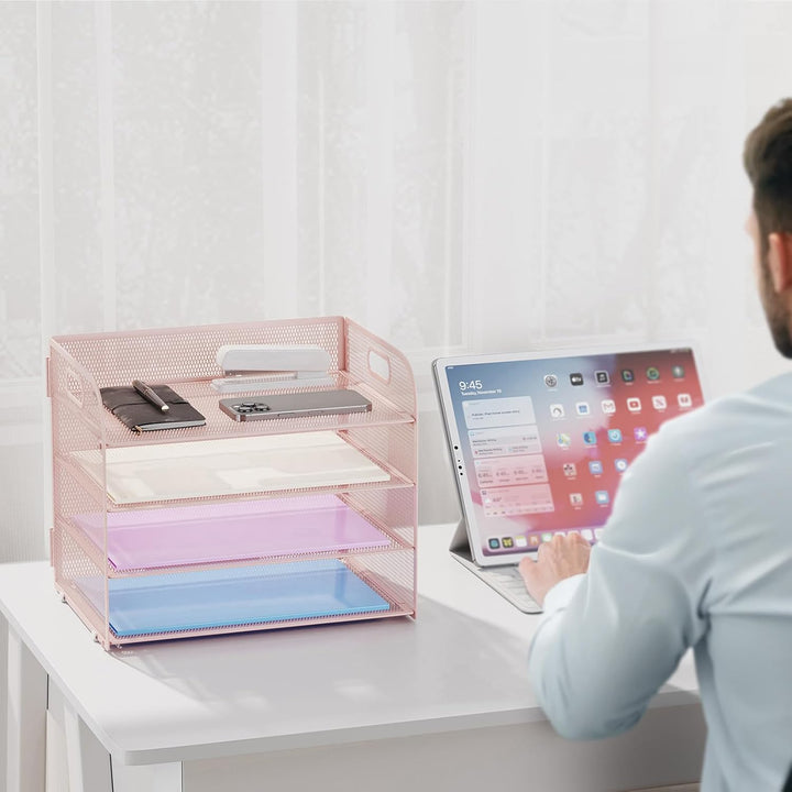 Marbrasse Schreibtisch Ablagen Organizer,4-Stufige Brief Papier Ablage mit Griff,Metall Gitter Desig