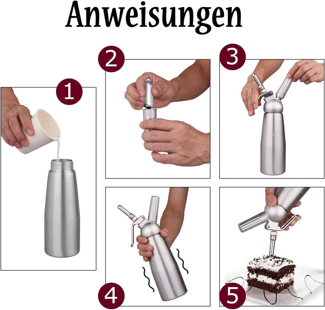 Comforty Sahnespender-Edelstahl 250ML,Edelstahl Sahnesyphon mit 6 Dekorations-Düsen und 1 Reinigungs