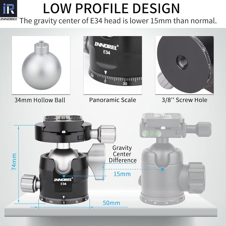 INNOREL E34 Low Profile CNC-Stativ-Kugelkopf 360° Panorama-Kugelkopf mit 2 1/4 Arca-Swiss-kompatible