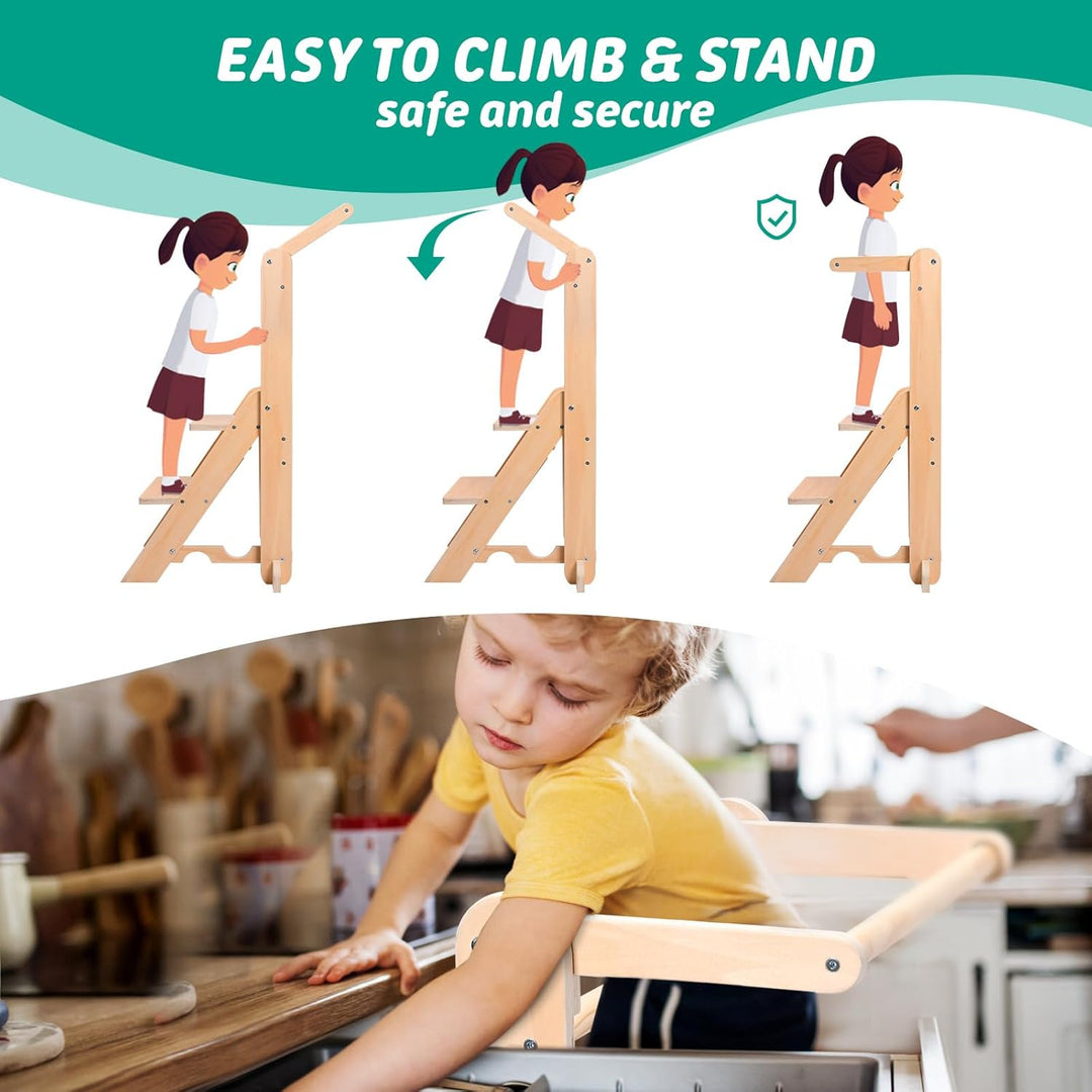 Lernturm ab 1 Jahr, Montessori Lernturm klappbar mit 2-facher Höhenverstellung, Holz Learning Tower