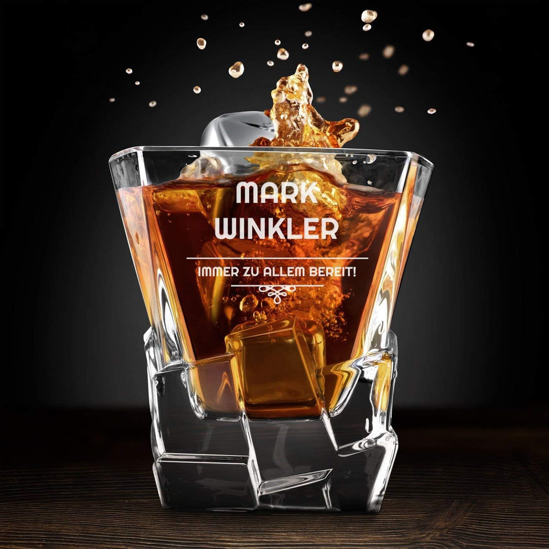 Maverton Whisky Steine Set - in Holzbox mit Gravur - 8 Eiswürfel & 2 Whisky Gläser, Zange, Samtbeute