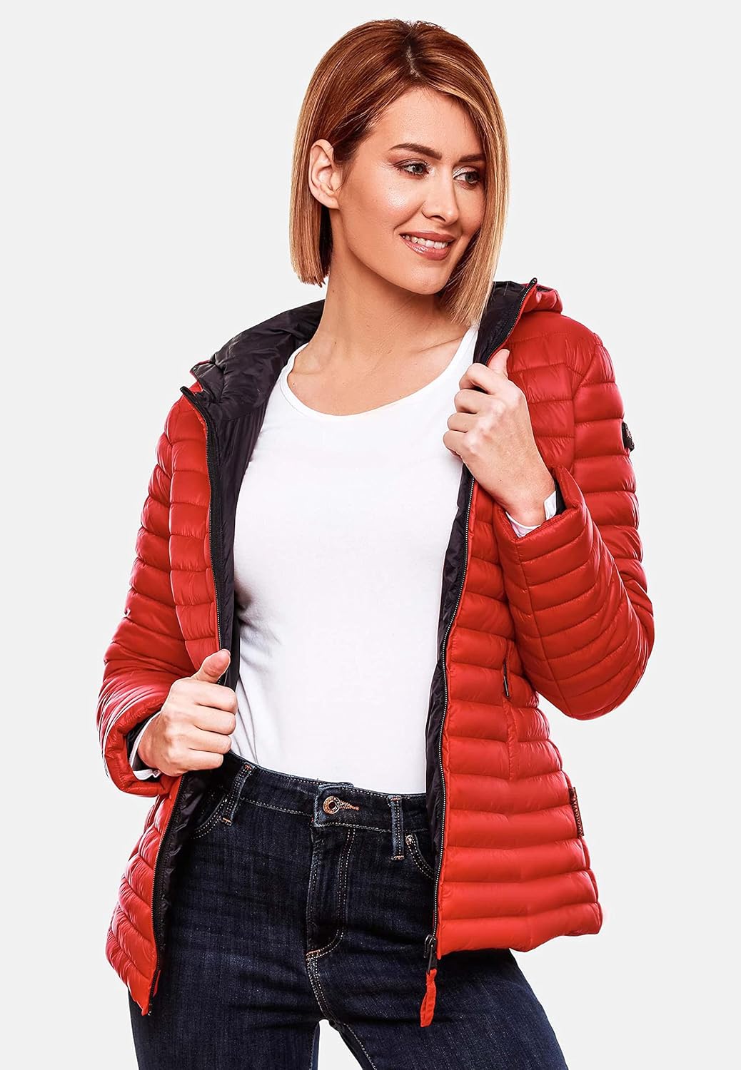 MARIKOO Damen leichte Übergangsjacke Steppjacke mit Kapuze Asraa XS-3XL XS Rot, XS Rot