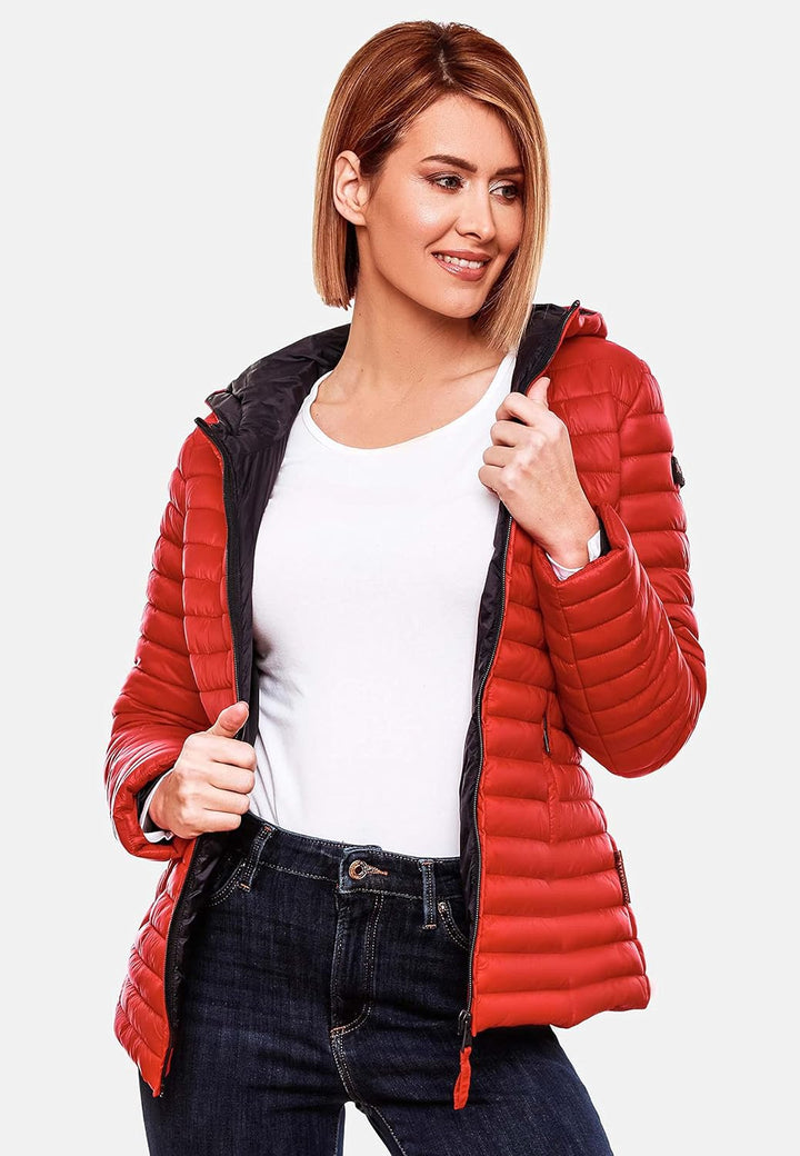 MARIKOO Damen leichte Übergangsjacke Steppjacke mit Kapuze Asraa XS-3XL XS Rot, XS Rot