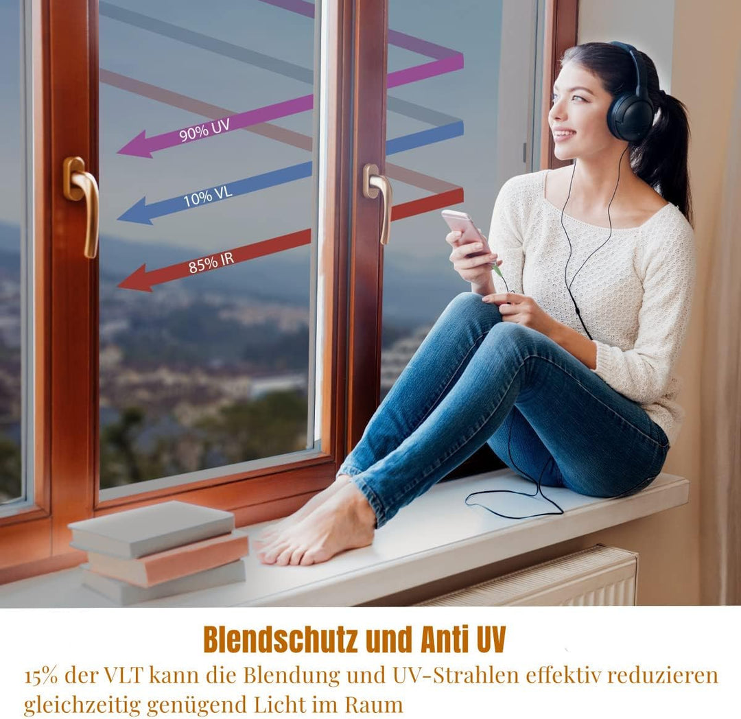 Cinbee Sonnenschutzfolie Fenster innen oder aussen 60x200 cm, Selbstklebende Spiegelfolie Fenster Hi