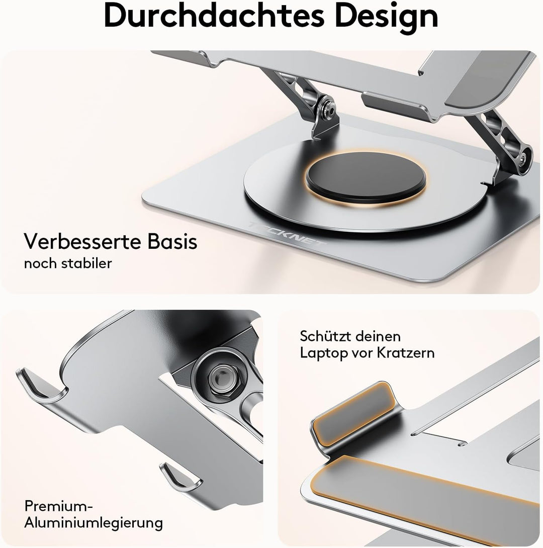 TECKNET 360° Laptop Ständer Höhenverstellbar, Verstellbarer Notebook Halterung aus Metall mit Doppel