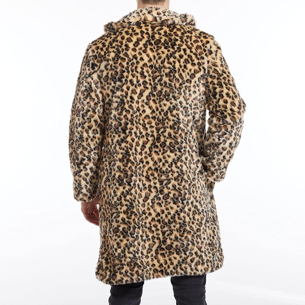 Celucke Pelzmantel Herren Lang Kunstpelz Mantel Leopard Strickjacke Reverskragen Winterjacke Warme V