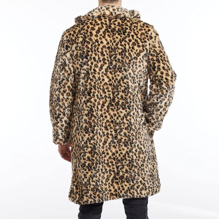 Celucke Pelzmantel Herren Lang Kunstpelz Mantel Leopard Strickjacke Reverskragen Winterjacke Warme V