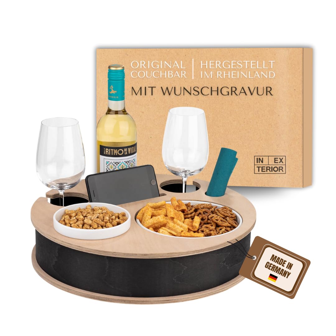 INEXTERIOR – Couchbar RundumBar handgefertigt aus Holz in Schwarz mit Wunschgravur – Runde Snack Box